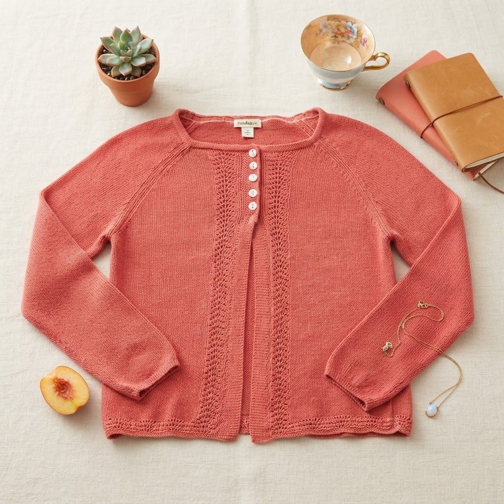 Sundance Women Coral Pink Pointelle Knit Button Front Cardigan Sweater Large
